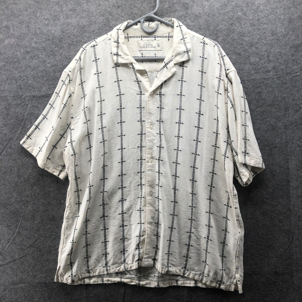 Abercrombie & Fitch Summer Linen Blend Shirt Mens XL Ivory Printed Short Sleeve